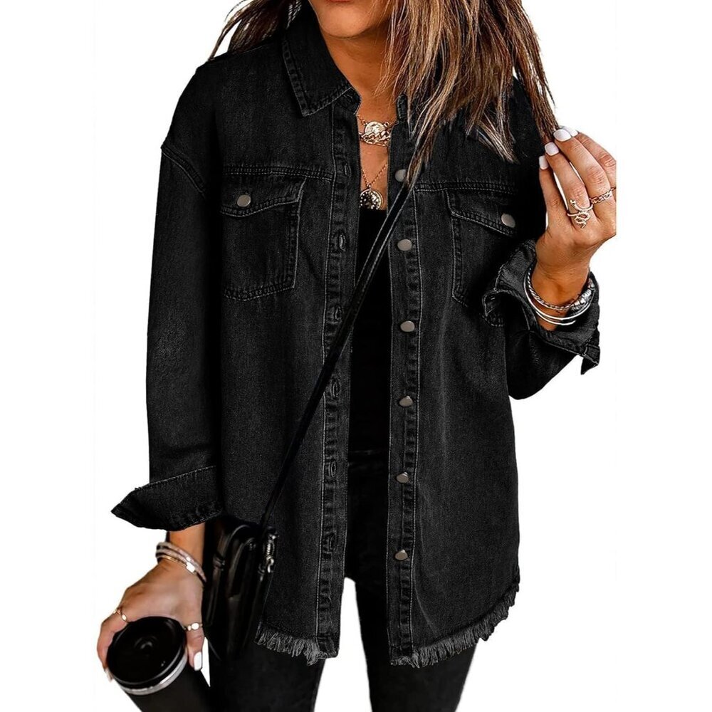 Womenâs Oversized Denim Jacket Cotton Frayed Hem Casual Western Outfits